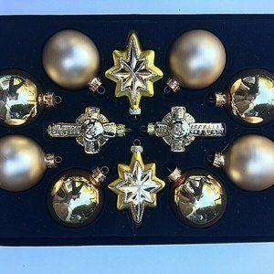 Holiday Home Glass Christmas Ornament Set Of 12 Gold Star Cross NIB opened     